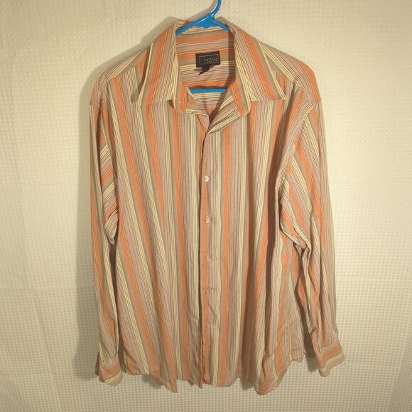 Cezani L Shirt Mens Hong Kong Made Long Sleeve Button Front Cotton Orange Stripe - Picture 1 of 3